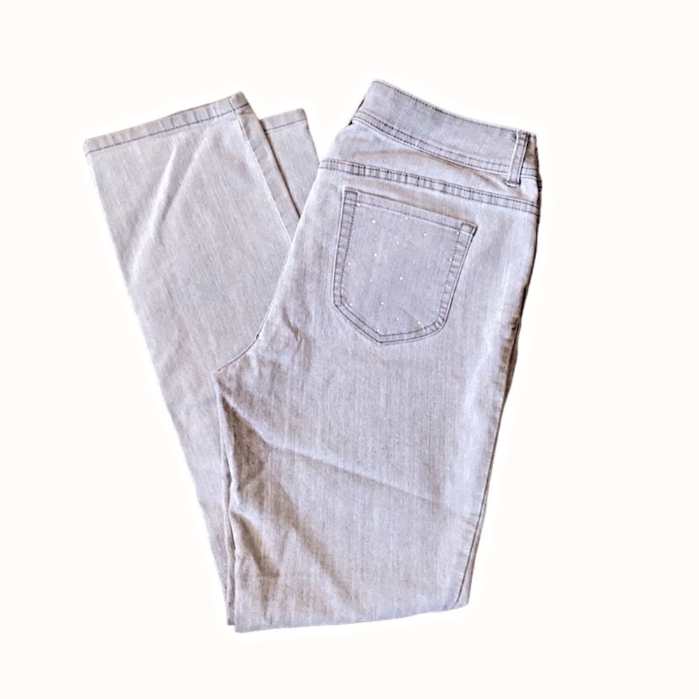 Chico’s Rhinestone Back Pockets Grey Jean Pants Regular Size 1.5